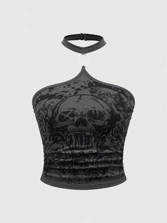 Goth Top halter ajustado para mujer con estampado de calavera gótica y rosa, escuela