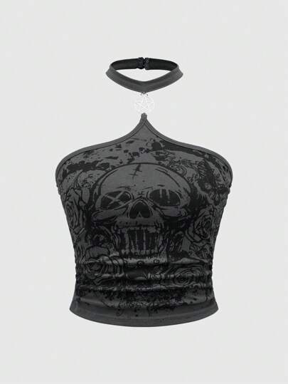 Goth Gothic Skull & Rose Printed Women Tight-Fitting Halter Top, School