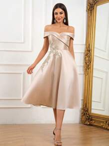 SHEIN Belle Elegante y lujoso vestido color champán para mujer con una silueta sencilla y atmosférica de corte A, con cuello cruzado con bordados elaborados, aplicaciones con cuentas y acabado de satén brillante. Perfecto para ocasiones como celebración del Día de la Madre, festival de música, baile de graduación, fiesta de cóctel, té de la tarde, cita nocturna y reuniones sociales formales. Vestido de invitada a una boda semiformal, para cumpleaños, baile de graduación - Champán - Ver 6