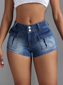 SHEIN SXY Women's Slim Fit Denim Shorts With Pockets, Workwear