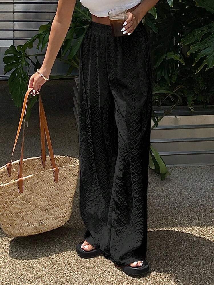 Women's Solid Color Elastic Waist Casual Vacation Style Long Pants, Summer,Teacher Pants