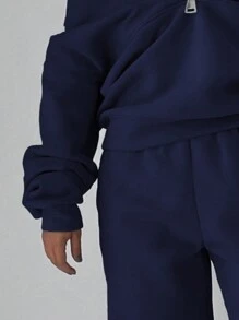 Maweii Damen Große Größen Reißverschluss Halbeleiste Sweatshirt Und Sweatpants Set - marineblau - Übersicht 3