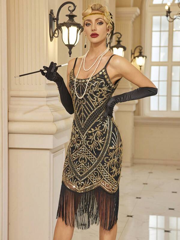 Women's Elegant Floral Sequin Spaghetti Strap 1920s Vintage Dress Cocktail Semi Formal Prom Wedding Guest Dress, For Birthday, Graduation, Dinner, Homecoming Party Dress