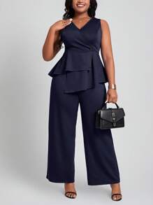 SHEIN Lady Plus Size Women's Fashionable Solid Sleeveless Top And Long Pants Two-Piece Set