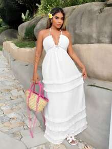SHEIN SXY Backless Tiered Ruffle Hem Halter Neck Midi Dress - White - View 7