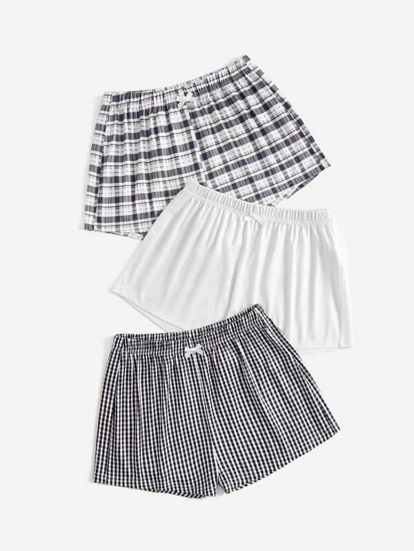 Lowkey Lull Women's 3pcs/Set Solid Color & Plaid Pattern Summer Pajama Shorts, Sleep Bottom