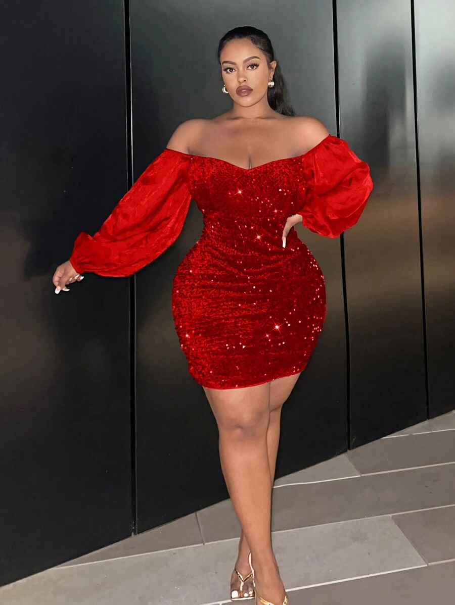 Slaydiva Của phụ nữ Kích thước lớn Quần bó Off Shoulder Long lanh Vá lại Tay áo lồng đèn Đầm - Đỏ - Xem 1
