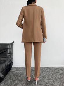 EURMUSE Ladies Lapel Buttoned Suit - Beige - View 2