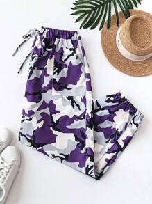 女式休闲编织迷彩印花松紧腰带口袋宽松大码长裤，夏季 - 紫色 - 查看 1