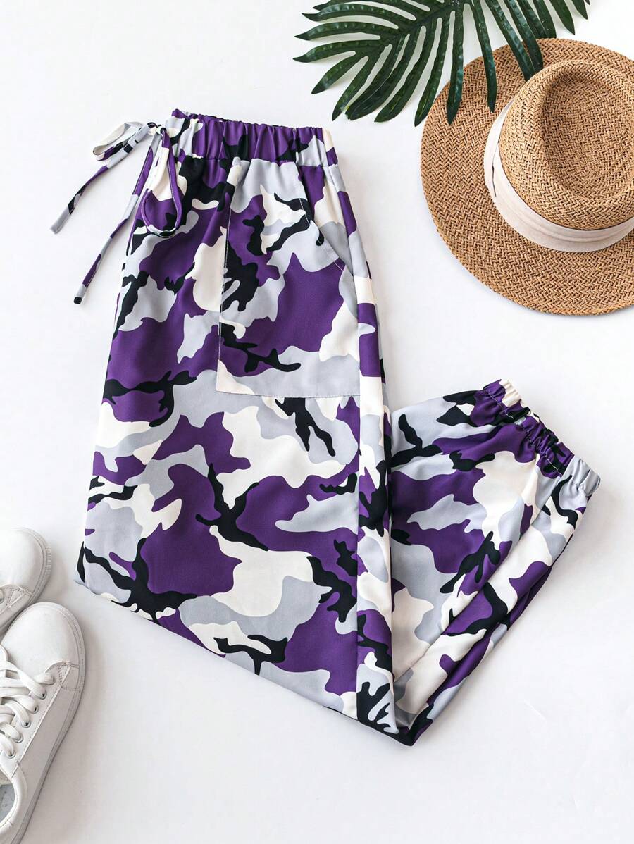 女式休闲编织迷彩印花松紧腰带口袋宽松大码长裤，夏季 - 紫色 - 查看 1