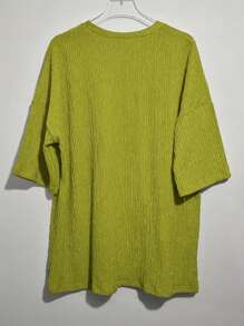 INAWLY Plus Size Solid Color Round Neck Casual Drop Shoulder Sleeve Summer Top And Pants Two Pieces Set - Green - View 2