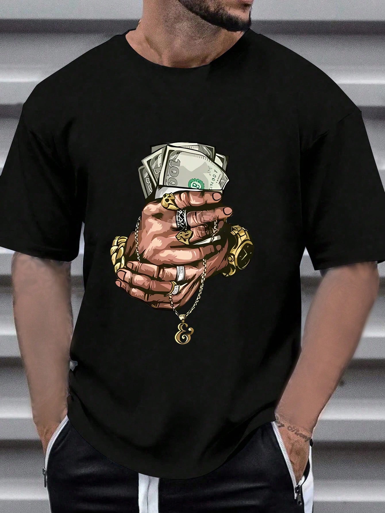 Men Dollar & Hand Print Drop Shoulder Tee