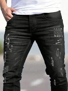Manfinity Homme Men's Slim Fit Denim Jeans With Pockets, Grunge - Black - View 4