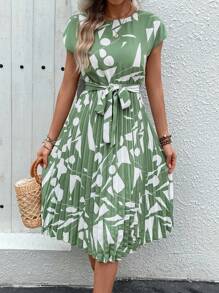 SHEIN LUNE Vestido de mujer con cinturón decorado e impresiones, conjunto de mujer de vestido largo de patrones aleatorios - verde menta - Ver 5