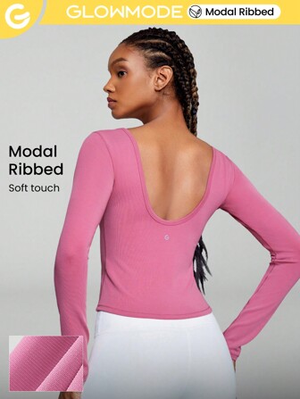 GLOWMODE Modal Prążkowany Bez ramion Długi Rękaw Nisko Trójnik Codzienny Lounge