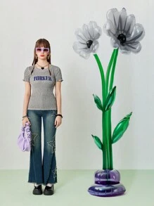 SHEINNeu 女士夏季圓領短袖修身休閒印花短T，緊身腰灰色T恤 - 淺灰色 - 查看 6