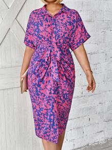 SHEIN CURVE+ Plus Size Women's Summer Batwing Sleeve Allover Print Waist Tied Casual Dress
