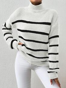 Jersey De Cuello Medio Tortuga A Rayas Con Hombros Caídos - Blanco y Negro - Ver 1