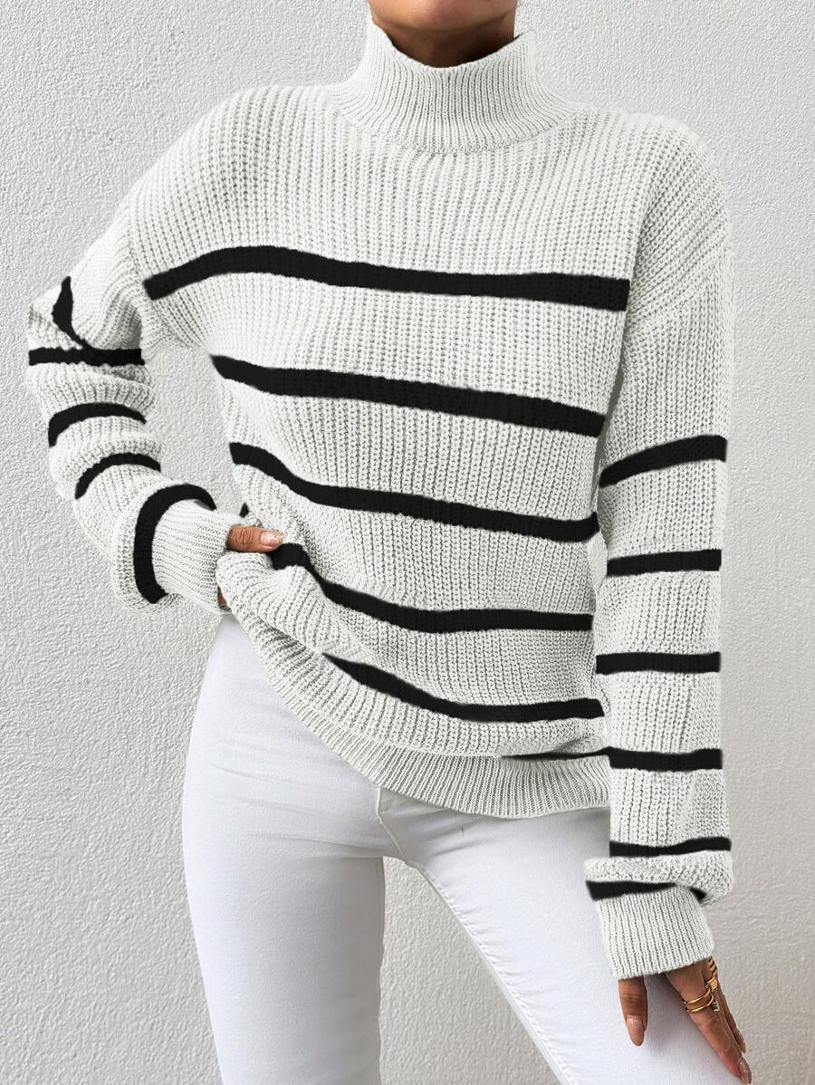 Jersey De Cuello Medio Tortuga A Rayas Con Hombros Caídos - Blanco y Negro - Ver 1
