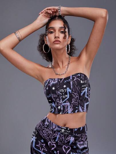 Studio Mila Sanchez Nechines Artist Y2K Casual Printed Bustier Crop Top For Women, For Summer, Holiday, Vacation, Going Out, Festival, Ibiza Fits, Western Wear