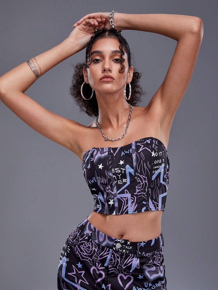 Artist Y2K Casual Printed Bustier Crop Top For Women, For Summer, Holiday, Vacation, Going Out, Festival, Ibiza Fits, Western Wear