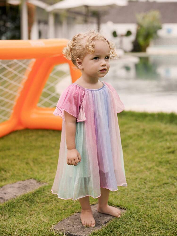 Baby Girls Sweet And Dreamy Gradual Color Mesh Dress With Pleats For Spring And Summer