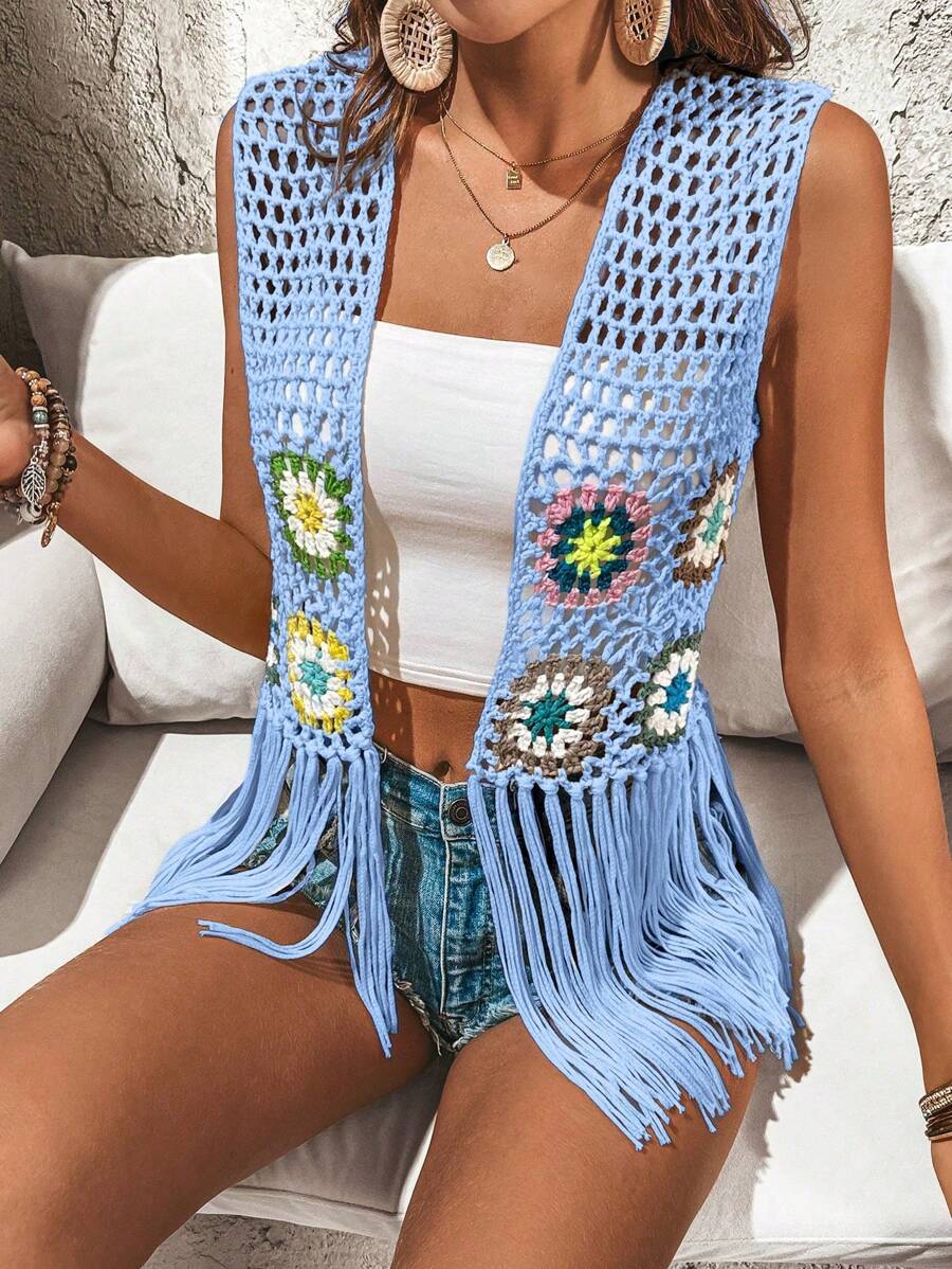 Breezaya 鉤針拼接中空針織編織流蘇邊無袖開衫，適合度假穿著 - 寶藍色 - 查看 1