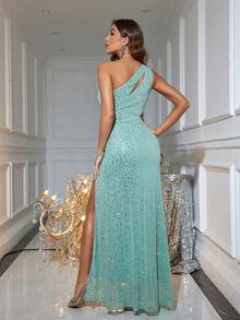 Sequin Asymmetrical Neck Hollow Out High Slit Long Sexy Formal Dress For Dance Party - Green - View 2
