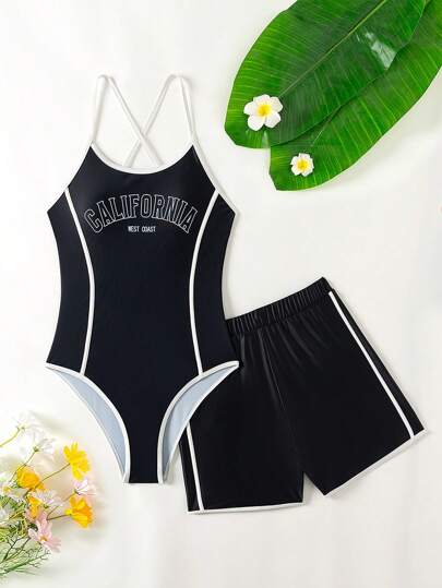 Teen Girls One-Piece Swimsuit With Galifornia West Coast Black And White Letter Print, Casual Sporty Style Swimwear, Loose-Fit, Suitable For Summer Beach, Surfing And Outdoor Water Activities, With Shorts And Straps
