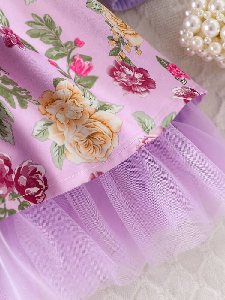 Baby Girl Flower Print Tulle Spliced Dress