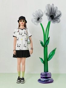 SHEINNeu Women's Summer Cartoon Print Casual T-Shirt Short Loose Short Sleeve Dress - Black and White - View 5