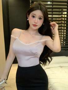 DAZY Áo yếm không tay viền ren màu khối Slim Fit dành cho nữ - Bụi tím - Xem 4