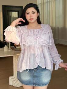 Dazy Petite Plus Women's Plus Size Casual Allover Print Ruffle Sleeve Blouse, Spring/Summer Long Sleeve Women - Pink - View 7