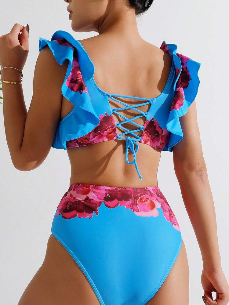 Women's Floral Printed Ruffle Hem Sexy Bikini Set With Patchwork Design, Perfect For Vacation Summer