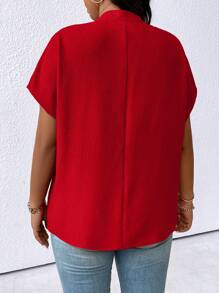 Plus Size Plain Color V-Neck Batwing Sleeve Simple Summer Shirt For New Year Clothes - Red - View 2