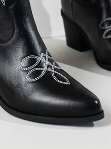 2025 秋冬女式刺绣粗跟 V 型时尚西部风踝靴、牛仔靴 - 黑色 - 查看 6