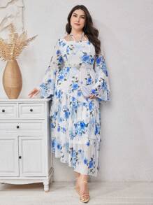 Modelyn Plus Size Summer Elegant Floral Print Dress With Flare Sleeves, Elastic Waist And Asymmetrical Hem - Multicolor - View 8