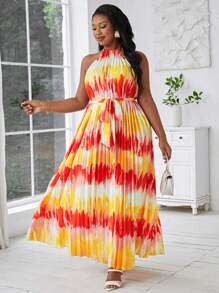 SHEIN Lady Vestido plisado con espalda descubierta y cuello halter sin mangas para mujer, talla grande, vestido de verano floral de gasa con empalme, adecuado para fiestas en la playa, vacaciones o eventos nocturnos