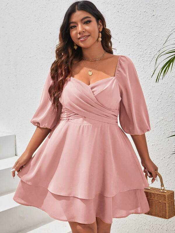 SHEIN VCAY Plus Size Vacation Casual Solid Color Sweetheart Neck Lantern Sleeve A-Line Dress With Cinched Waist, Wedding Guest Dress