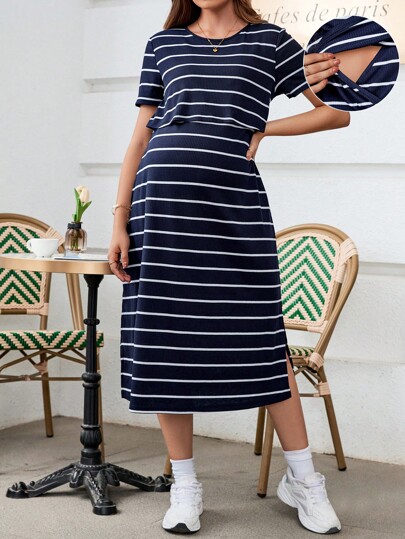 SHEIN Pregnant Women Fashionable Striped Simple Style Nursing Dress For Maternity World Cup