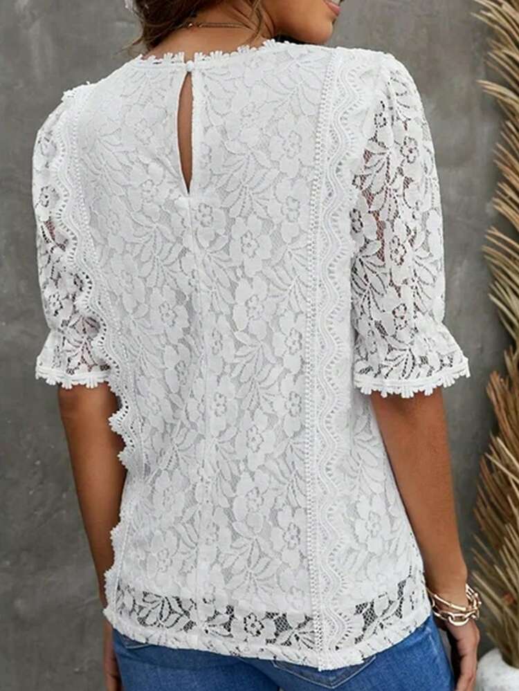 Lace Trimmed Ladies' Summer Short Sleeve V-Neck Elegant Blouse