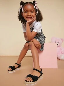 Mini mi Schwarze niedliche und rutschfeste Plateau-Espadrillesandalen für Mädchen im Sommer - bequem mit Schleife, verstellbarem Knöchelriemen und weißer Sohle