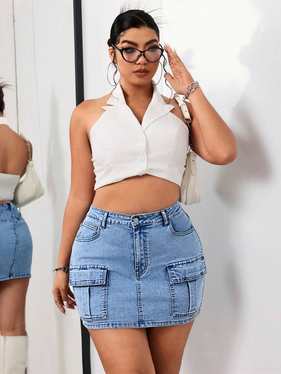 SHEIN ICON Falda vaquera simple y sólida para mujer de talla grande, ideal para uso diario - Azul - Ver 1