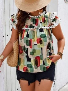 SHEIN Clasi Random Print Plus Size Boho Round Neck Ruched Summer Casual Blouse - Green - View 3