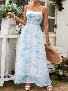 SHEIN VCAY Floral Print Ruched Cami Blue Dress - Blue - View 6