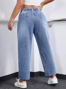 SHEIN EZwear Plus Size Women's Fashion Solid Color Straight Leg Jeans - Blue - View 2