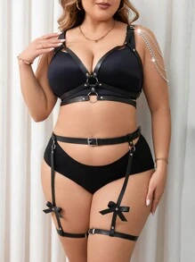 Plus Size Women Sexy Leather Lingerie Set, 2 Pieces - Black - View 1