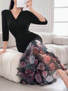Modelyn Ladies' Fashionable Elegant V-Neck Bodycon Printed Splice Dress Long Evening Dresses