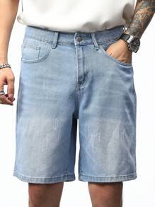 Manfinity Homme Short Bermuda en jean décontracté pour hommes avec poches intégrées, short en jean ample de couleur bleu clair, idéal pour le mari ou le petit ami