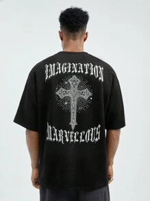 Manfinity VCAY Men's Summer Letter Cross Printed Round Neck Short Sleeve Casual T-Shirt